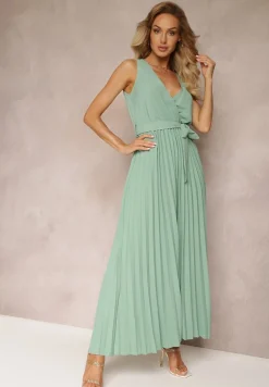 Zielona Rozkloszowana Sukienka Maxi z Plisowanym Dołem i Gumką w Talii Sare