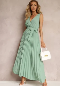 Zielona Rozkloszowana Sukienka Maxi z Plisowanym Dołem i Gumką w Talii Sare