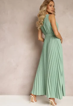 Zielona Rozkloszowana Sukienka Maxi z Plisowanym Dołem i Gumką w Talii Sare