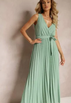 Zielona Rozkloszowana Sukienka Maxi z Plisowanym Dołem i Gumką w Talii Sare