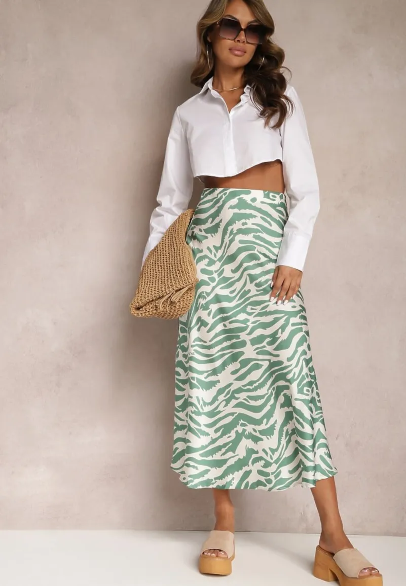 Zielona Satynowa Spódnica Ozdobiona Abstrakcyjnym Wzorem w Paski Zebry Pintea