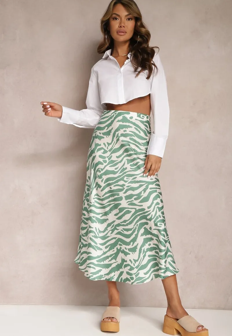 Zielona Satynowa Spódnica Ozdobiona Abstrakcyjnym Wzorem w Paski Zebry Pintea