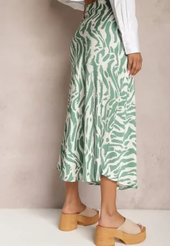 Zielona Satynowa Spódnica Ozdobiona Abstrakcyjnym Wzorem w Paski Zebry Pintea