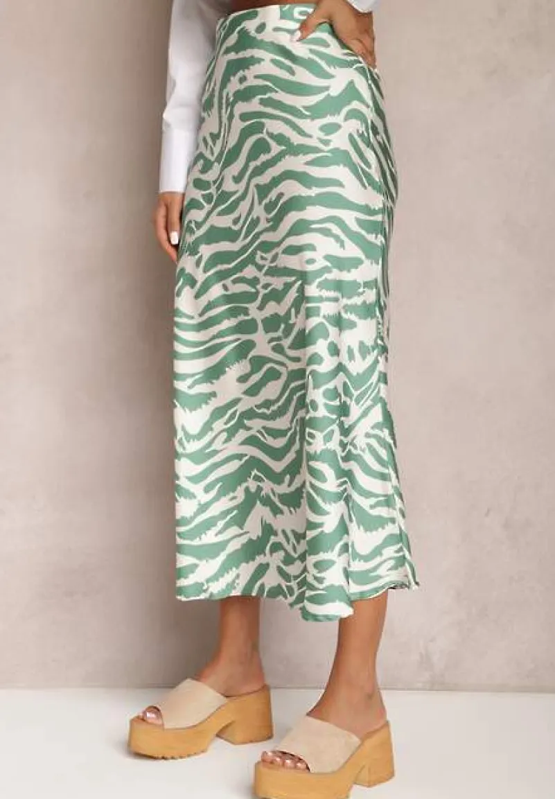 Zielona Satynowa Spódnica Ozdobiona Abstrakcyjnym Wzorem w Paski Zebry Pintea