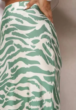 Zielona Satynowa Spódnica Ozdobiona Abstrakcyjnym Wzorem w Paski Zebry Pintea