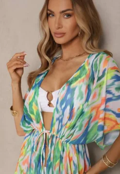 Zielona Siateczkowa Narzutka z Abstrakcyjnym Motywem Ozdobiona Wiązaniem Revoreia