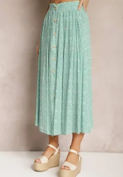 Zielona Spódnica Maxi z Wiskozy w Kwiatowy Wzór o Rozkloszowanym Fasonie Skules