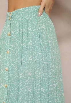 Zielona Spódnica Maxi z Wiskozy w Kwiatowy Wzór o Rozkloszowanym Fasonie Skules