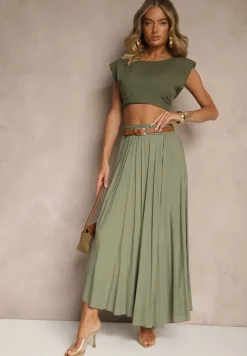 Zielona Spódnica o Rozkloszowanym Kroju z Wiskozy Lunafina