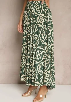 Zielona Spódnica z Wiskozy z Geometrycznym Motywem Axeria