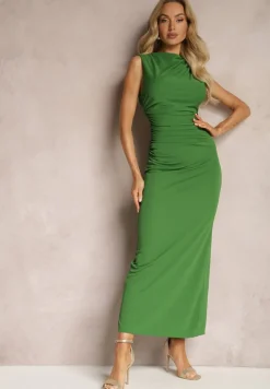 Zielona Sukienka Bodycon o Dopasowanym Fasonie Bez Rękawów z Drapowaniem Roxelina