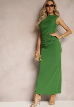 Zielona Sukienka Bodycon o Dopasowanym Fasonie Bez Rękawów z Drapowaniem Roxelina