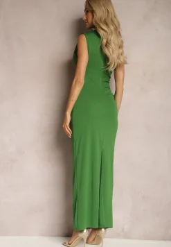 Zielona Sukienka Bodycon o Dopasowanym Fasonie Bez Rękawów z Drapowaniem Roxelina
