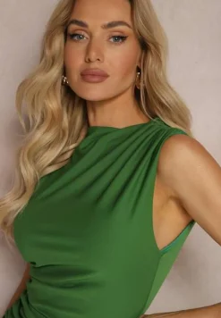 Zielona Sukienka Bodycon o Dopasowanym Fasonie Bez Rękawów z Drapowaniem Roxelina
