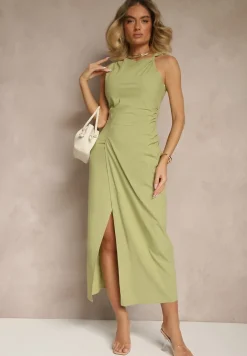 Zielona Sukienka Dopasowana z Bawełny i Wiskozy z Rozcięciem Tunaria