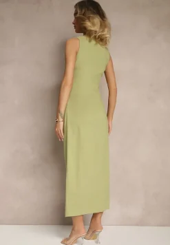 Zielona Sukienka Dopasowana z Bawełny i Wiskozy z Rozcięciem Tunaria