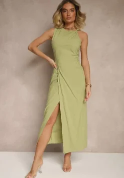 Zielona Sukienka Dopasowana z Bawełny i Wiskozy z Rozcięciem Tunaria