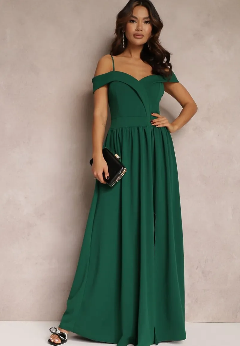 Zielona Sukienka Koktajlowa z Głębokim Dekoltem Maxi Gelfe