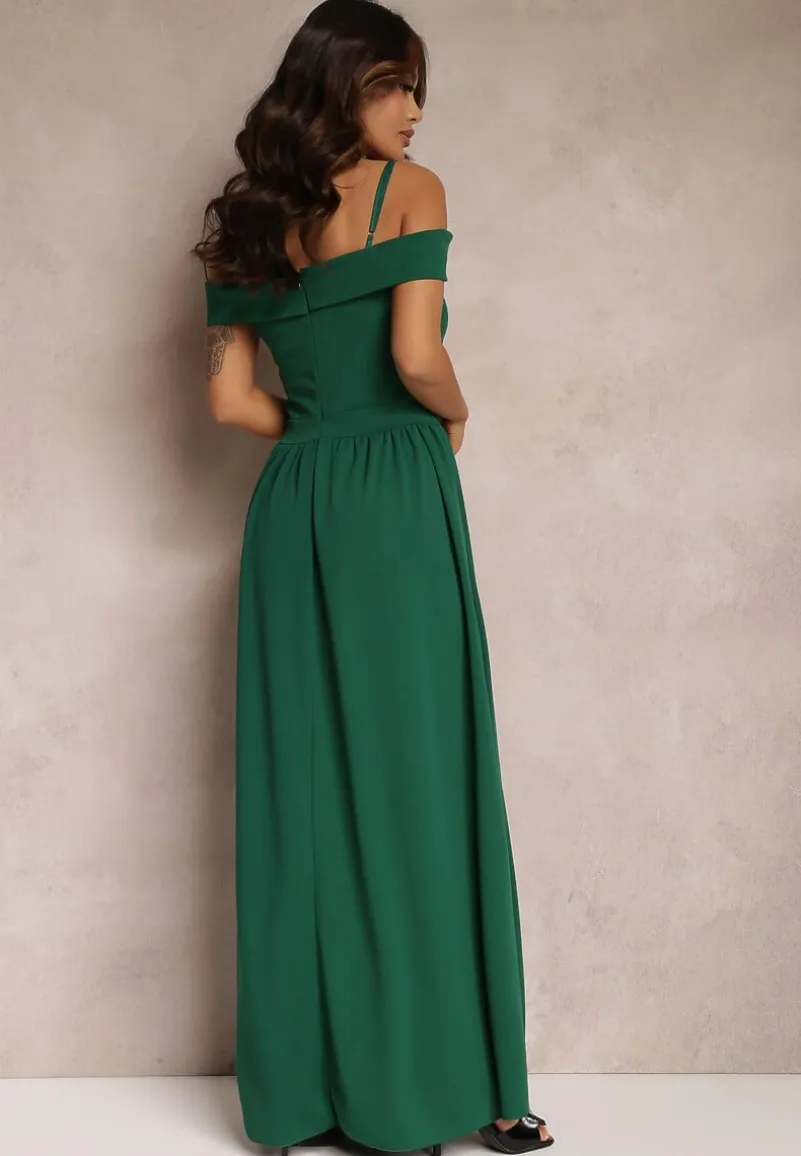 Zielona Sukienka Koktajlowa z Głębokim Dekoltem Maxi Gelfe