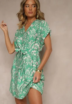 Zielona Sukienka o Pudełkowym Kroju z Materiałowym Paskiem w Talii Namsionne