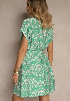 Zielona Sukienka o Pudełkowym Kroju z Materiałowym Paskiem w Talii Namsionne