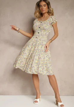 Zielona Sukienka z Bawełny Ozdobiona Guzikami i Bufiastymi Rękawami Zelliova