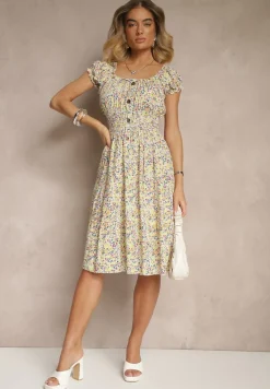 Zielona Sukienka z Bawełny Ozdobiona Guzikami i Bufiastymi Rękawami Zelliova