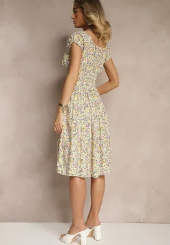 Zielona Sukienka z Bawełny Ozdobiona Guzikami i Bufiastymi Rękawami Zelliova