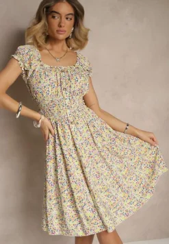 Zielona Sukienka z Bawełny Ozdobiona Guzikami i Bufiastymi Rękawami Zelliova