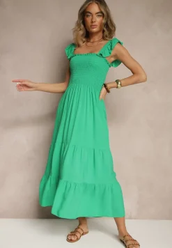 Zielona Sukienka z Bawełny na Ramiączkach Ozdobiona Falbanami i Gumkami Mevalys