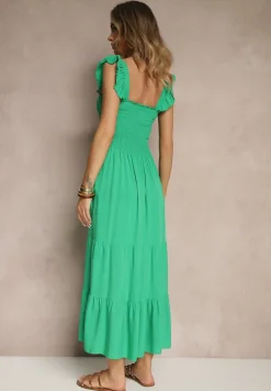 Zielona Sukienka z Bawełny na Ramiączkach Ozdobiona Falbanami i Gumkami Mevalys