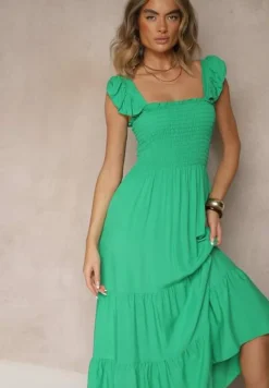 Zielona Sukienka z Bawełny na Ramiączkach Ozdobiona Falbanami i Gumkami Mevalys