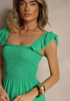 Zielona Sukienka z Bawełny na Ramiączkach Ozdobiona Falbanami i Gumkami Mevalys