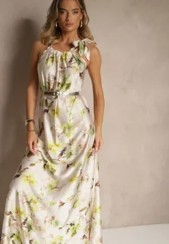 Zielona Sukienka z Satyny w Kwiatowy Wzór Fenimea