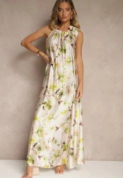 Zielona Sukienka z Satyny w Kwiatowy Wzór Fenimea