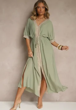 Zielona Sukienka z Wiskozy Ozdobiona Ażurowymi Wstawkami Aloviana