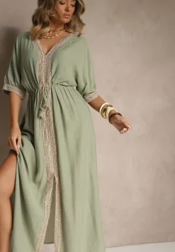 Zielona Sukienka z Wiskozy Ozdobiona Ażurowymi Wstawkami Aloviana