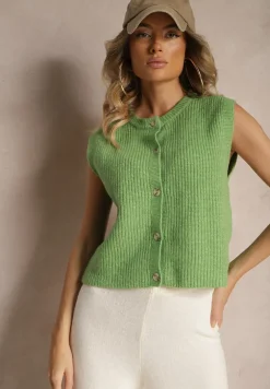 Zielona Sweterkowa Kamizelka z Domieszką Wełny i Zapięciem na Guziki Savanira