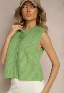 Zielona Sweterkowa Kamizelka z Domieszką Wełny i Zapięciem na Guziki Savanira