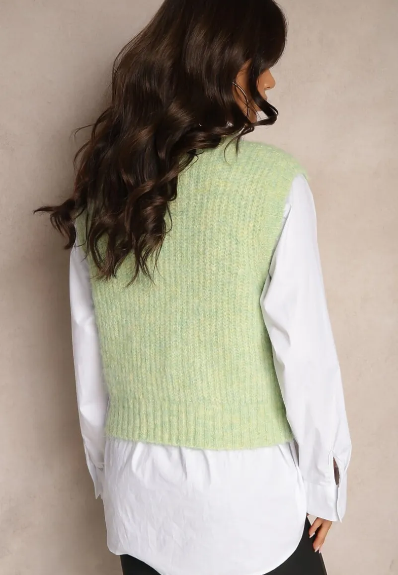 Zielona Sweterkowa Kamizelka z Wełną z Prążkowanego Materiału Titheora