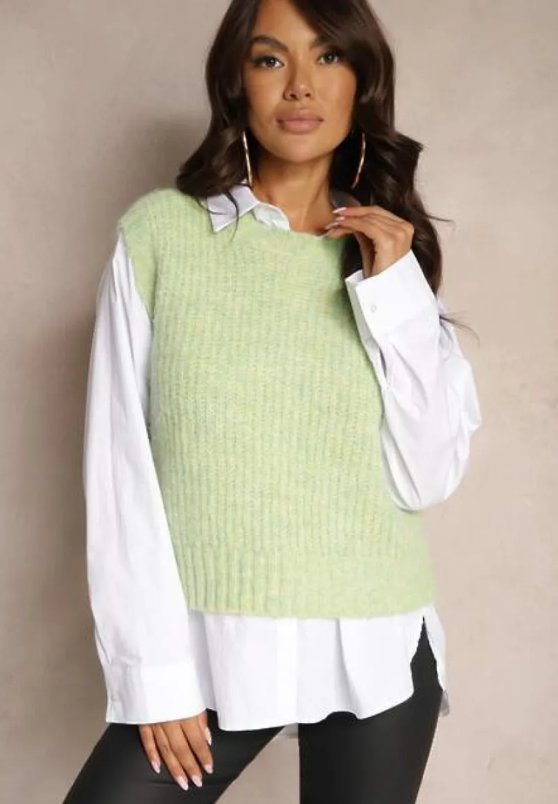 Zielona Sweterkowa Kamizelka z Wełną z Prążkowanego Materiału Titheora