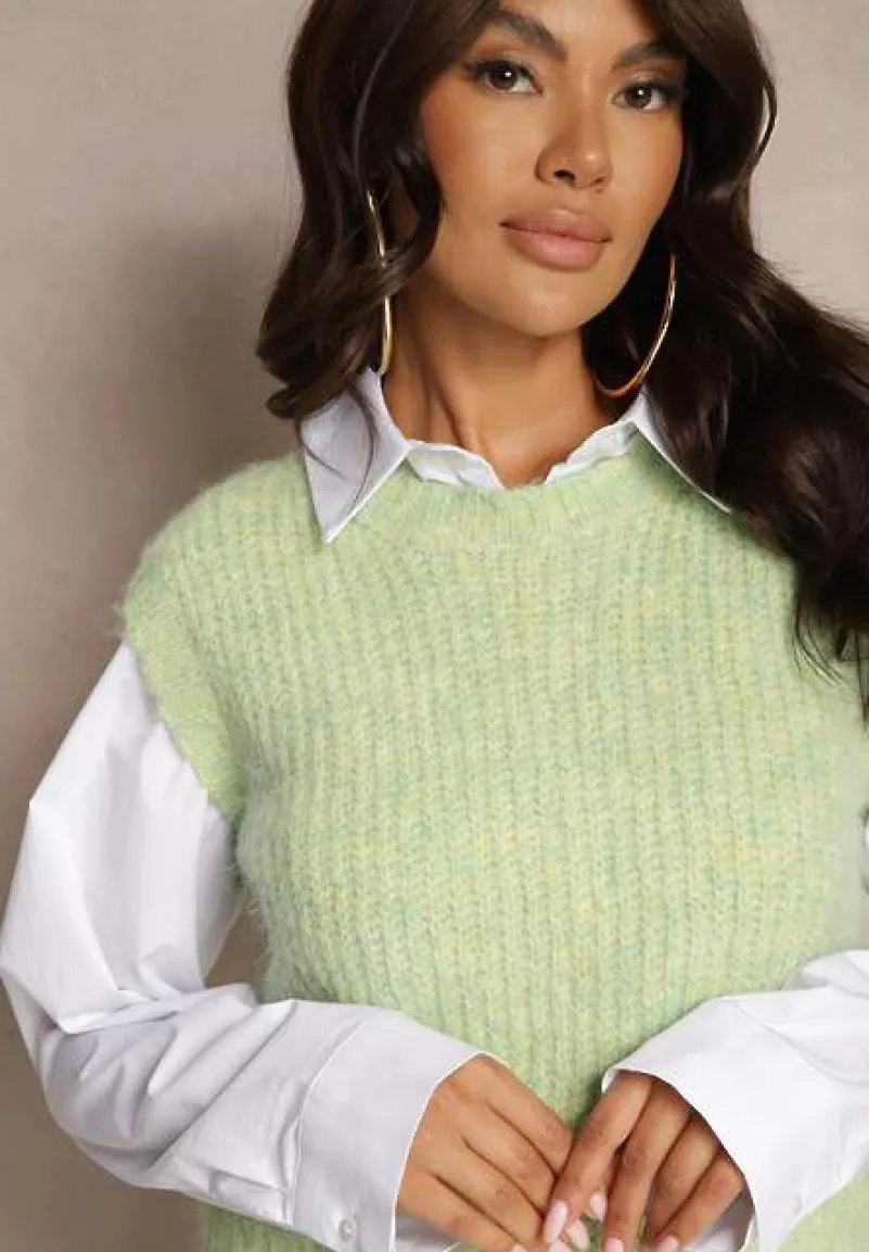 Zielona Sweterkowa Kamizelka z Wełną z Prążkowanego Materiału Titheora