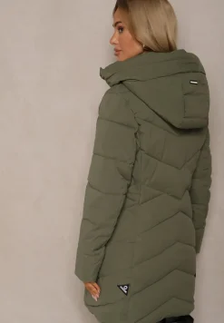 Zielona Taliowana Kurtka z Pikowanymi Przeszyciami i Kapturem Rinoria