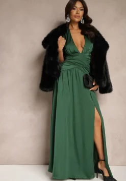 Zielona Taliowana Sukienka z Głębokim Dekoltem Usztywnianymi Miseczkami i Marszczeniem Vamigala