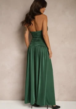 Zielona Taliowana Sukienka z Głębokim Dekoltem Usztywnianymi Miseczkami i Marszczeniem Vamigala