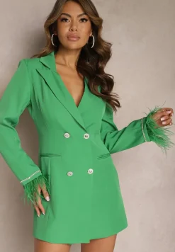 Zielona Taliowana Sukienka Mini Marynarka z Piórkami i Cyrkoniami Cammano