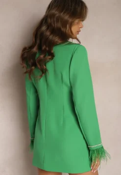 Zielona Taliowana Sukienka Mini Marynarka z Piórkami i Cyrkoniami Cammano