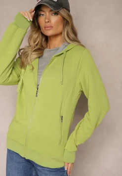 Zielona Tłoczona Bluza z Dodatkiem Bawełny i Kapturem Zapinana na Suwak Arfoya