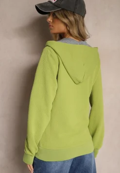 Zielona Tłoczona Bluza z Dodatkiem Bawełny i Kapturem Zapinana na Suwak Arfoya