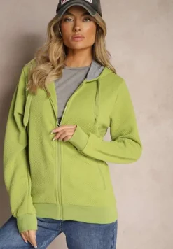 Zielona Tłoczona Bluza z Dodatkiem Bawełny i Kapturem Zapinana na Suwak Arfoya